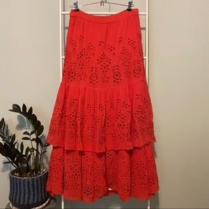 Free People Bright Orange Anglaise Eyelet Tiered Boho Feminine Maxi Skirt